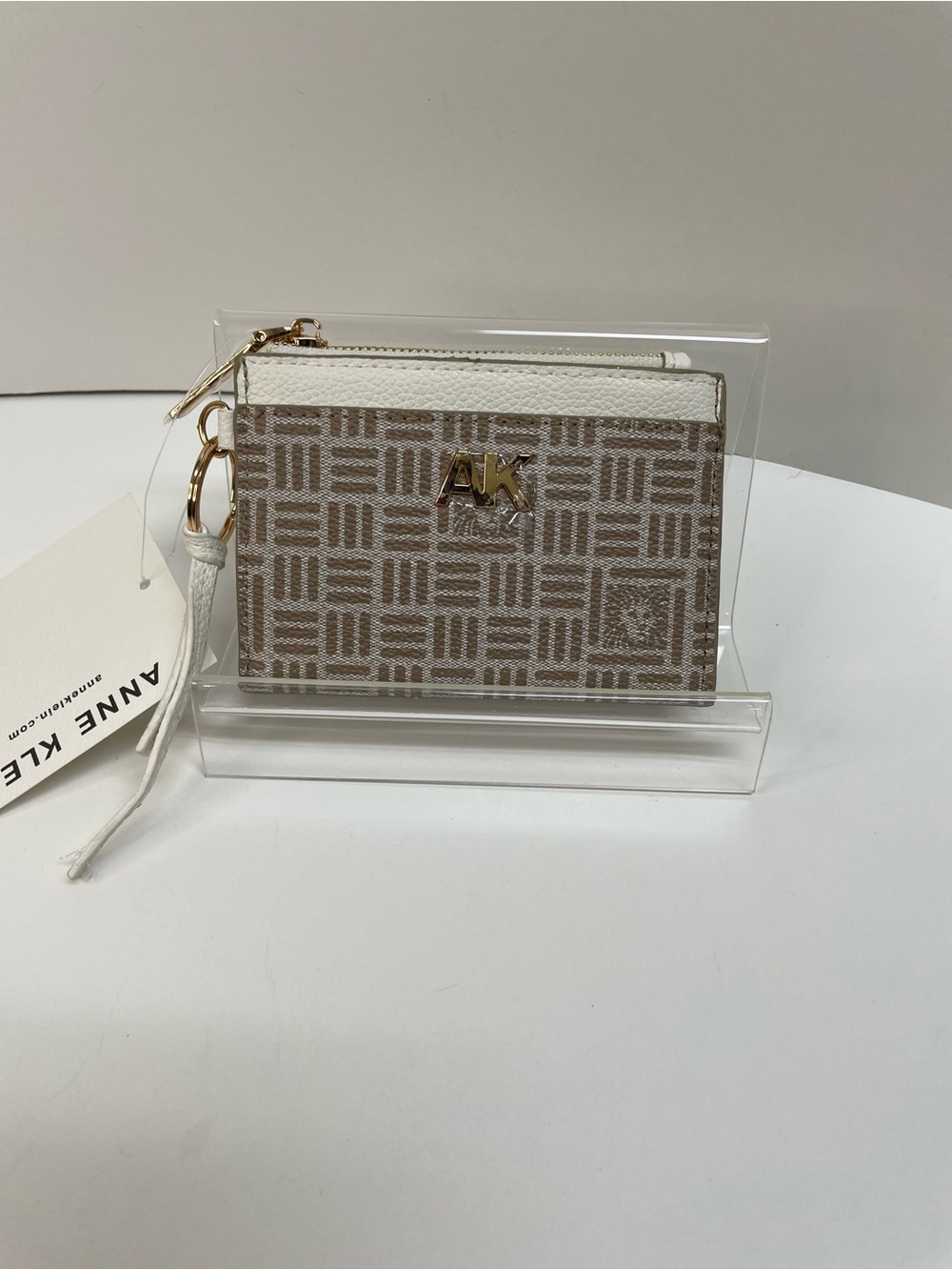Anne Klein Taupe & White Monogram Card Wallet with Gold AK Logo NWT